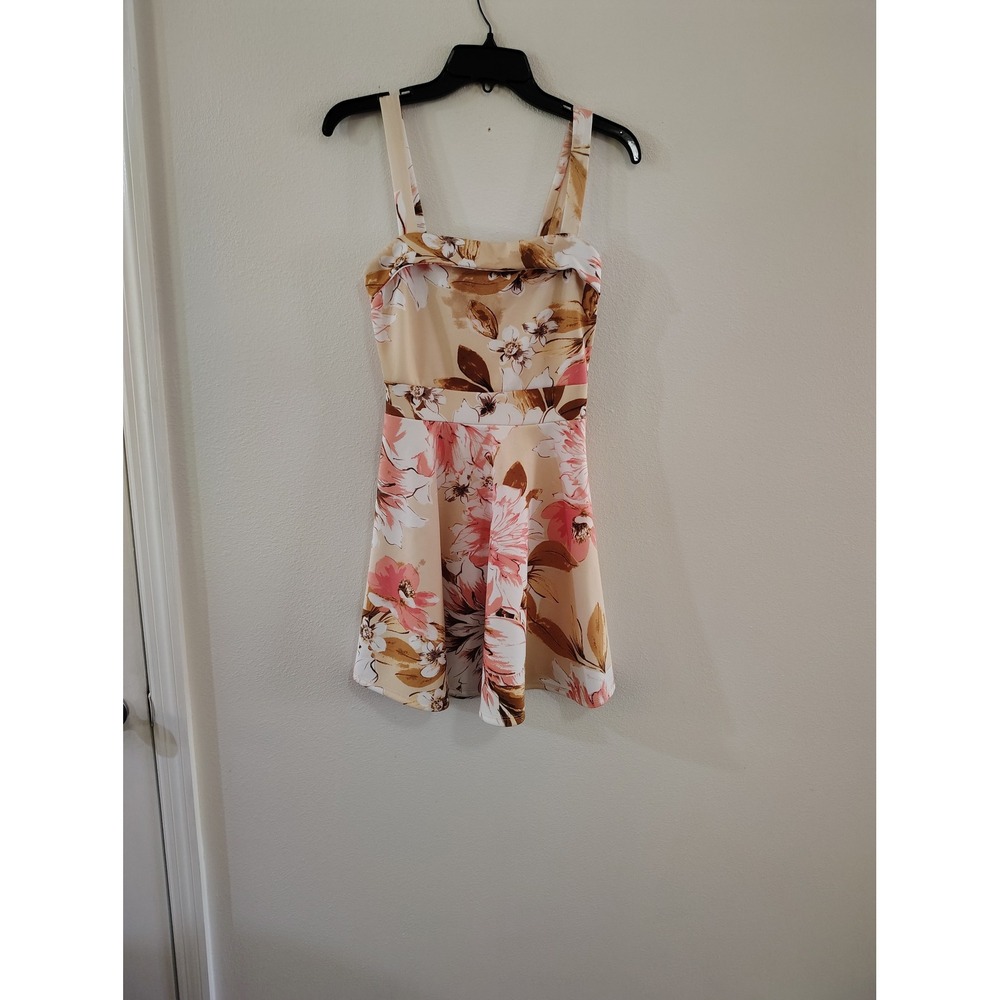 Charlotte Russe Womens Floral‎ Skater Mini Dress Pink Tan White Size Medium